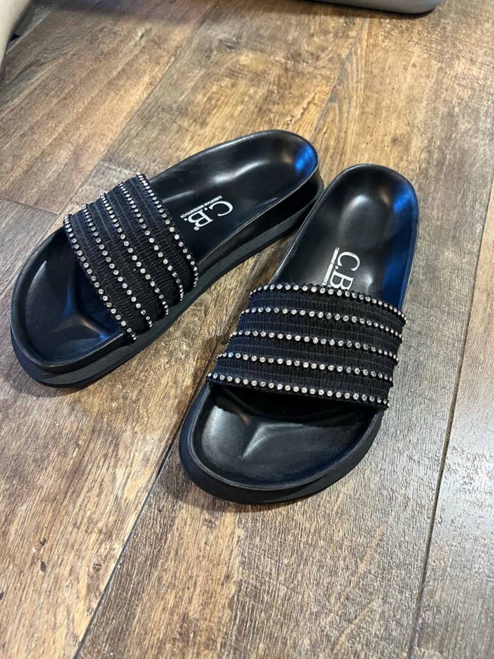 C.B. Black Rhinestone Slide Sandals